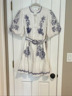 Eliza J White Midi Dress with Blue Floral Embroidery
